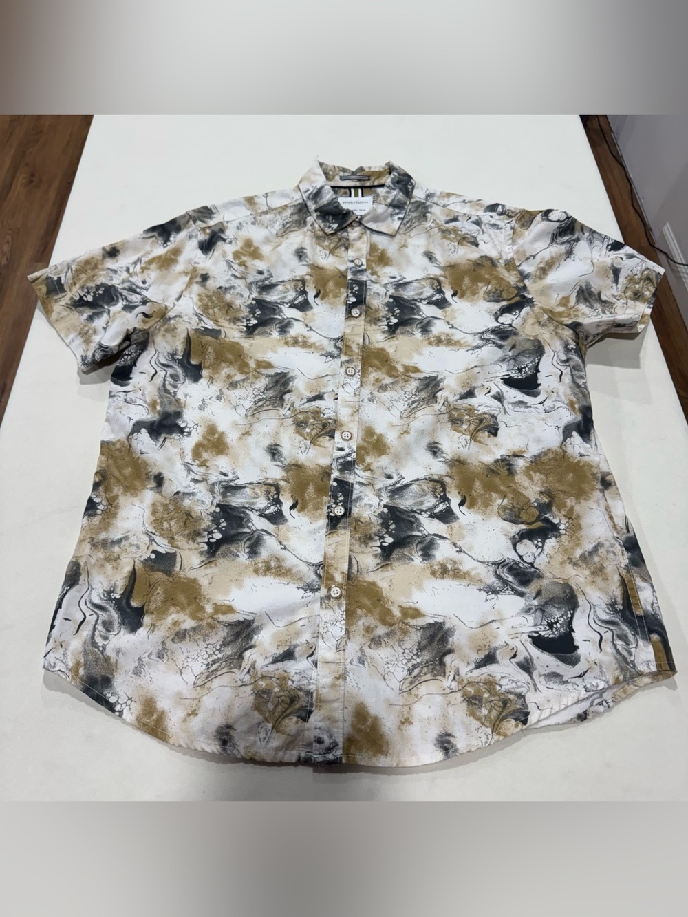 Denim & Flower Short Sleeve Marble Print Shirt in White, Black & Brown men’s L